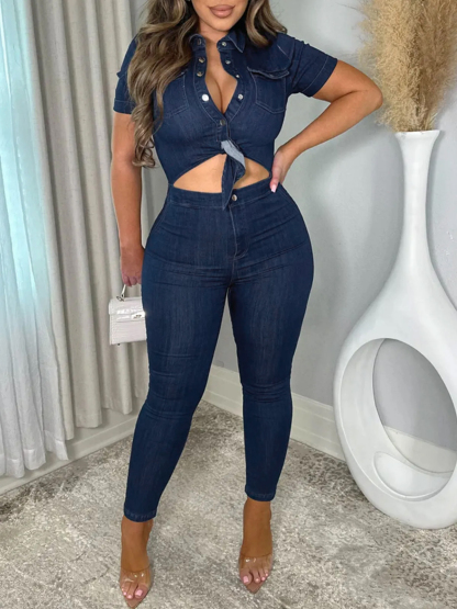 Women Lapel Hollow Out Skinny One Piece Jeans Romper Denim Jumpsuit