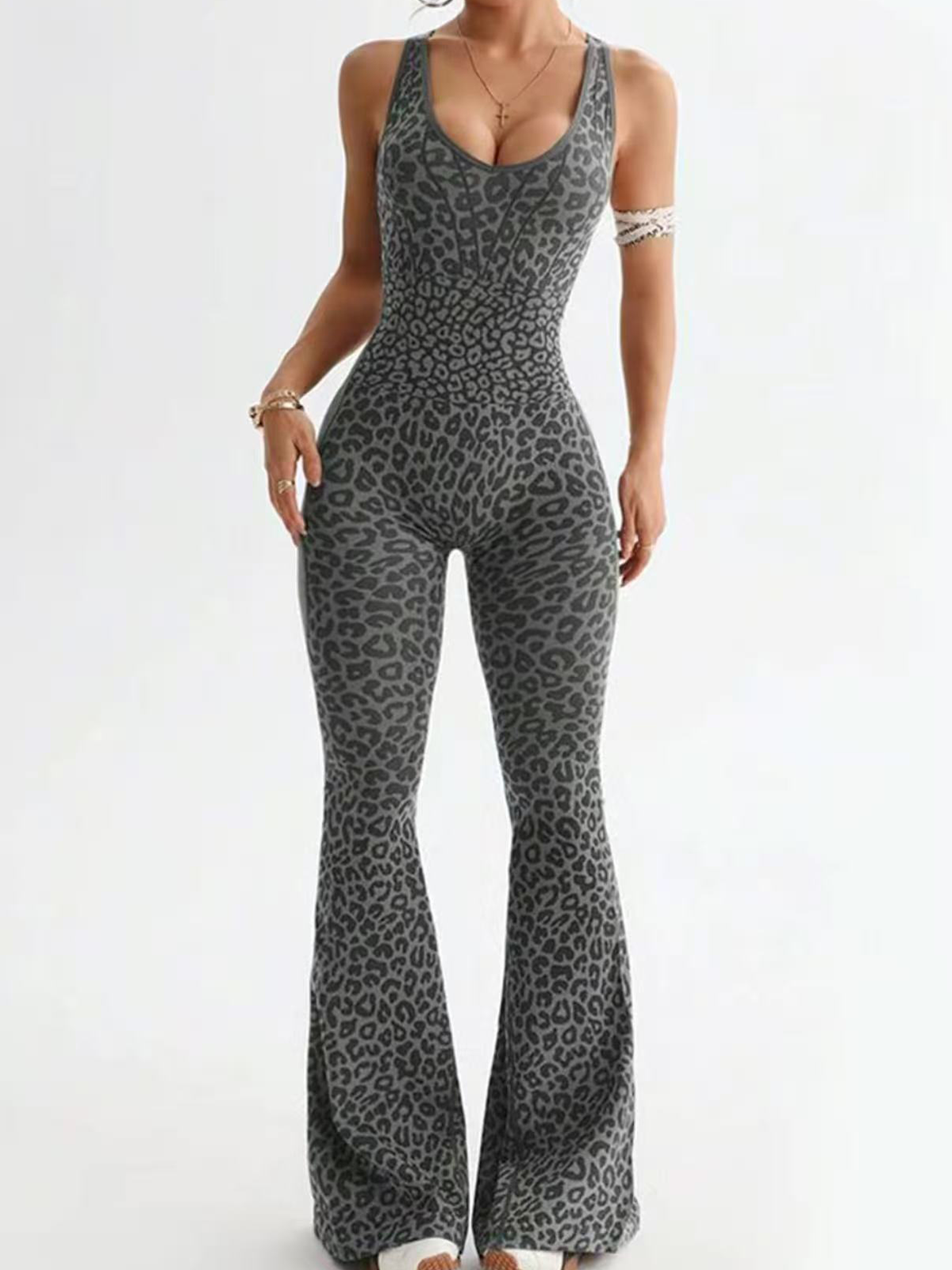 Women's Leopard Print Flared Leggings Bodysuit