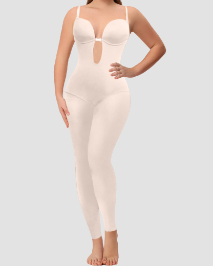 Sleeveless U Plunge Solid Jumpsuit Tummy Control Shapewear With Built In Bra