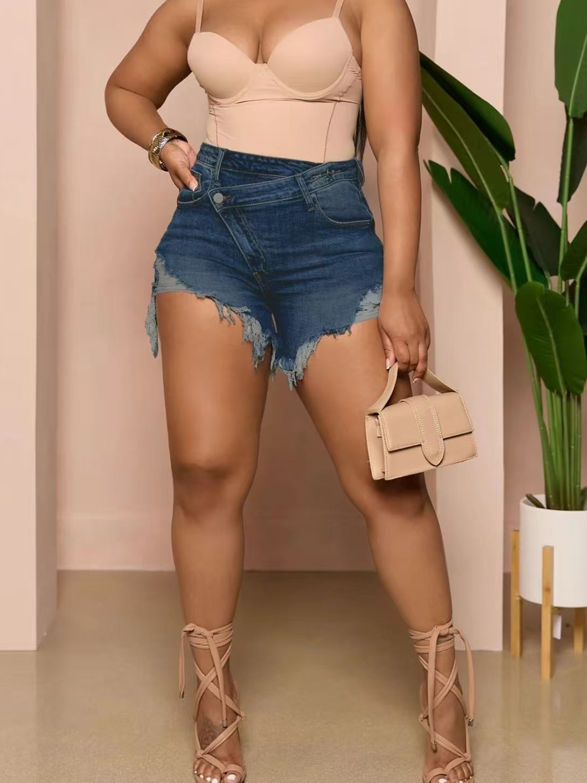 Diagonal Button Design Raw Edge Ripped Cool Style Denim Shorts Hot Pants