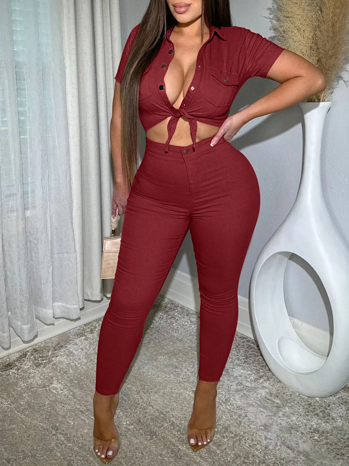 Women Lapel Hollow Out Skinny One Piece Jeans Romper Denim Jumpsuit