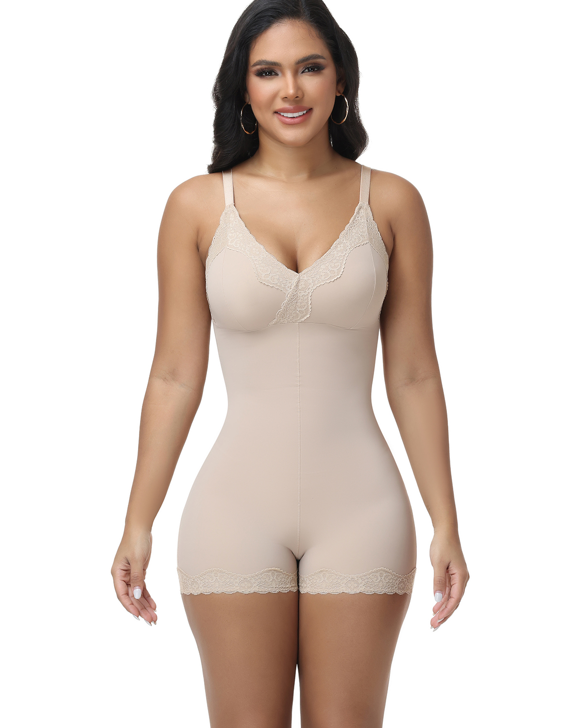 Lace Trim Deep V Mid-Thigh Bodysuit Shaper