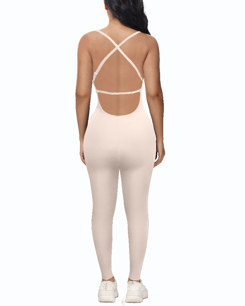 Sleeveless U Plunge Solid Jumpsuit Tummy Control Shapewear With Built In Bra