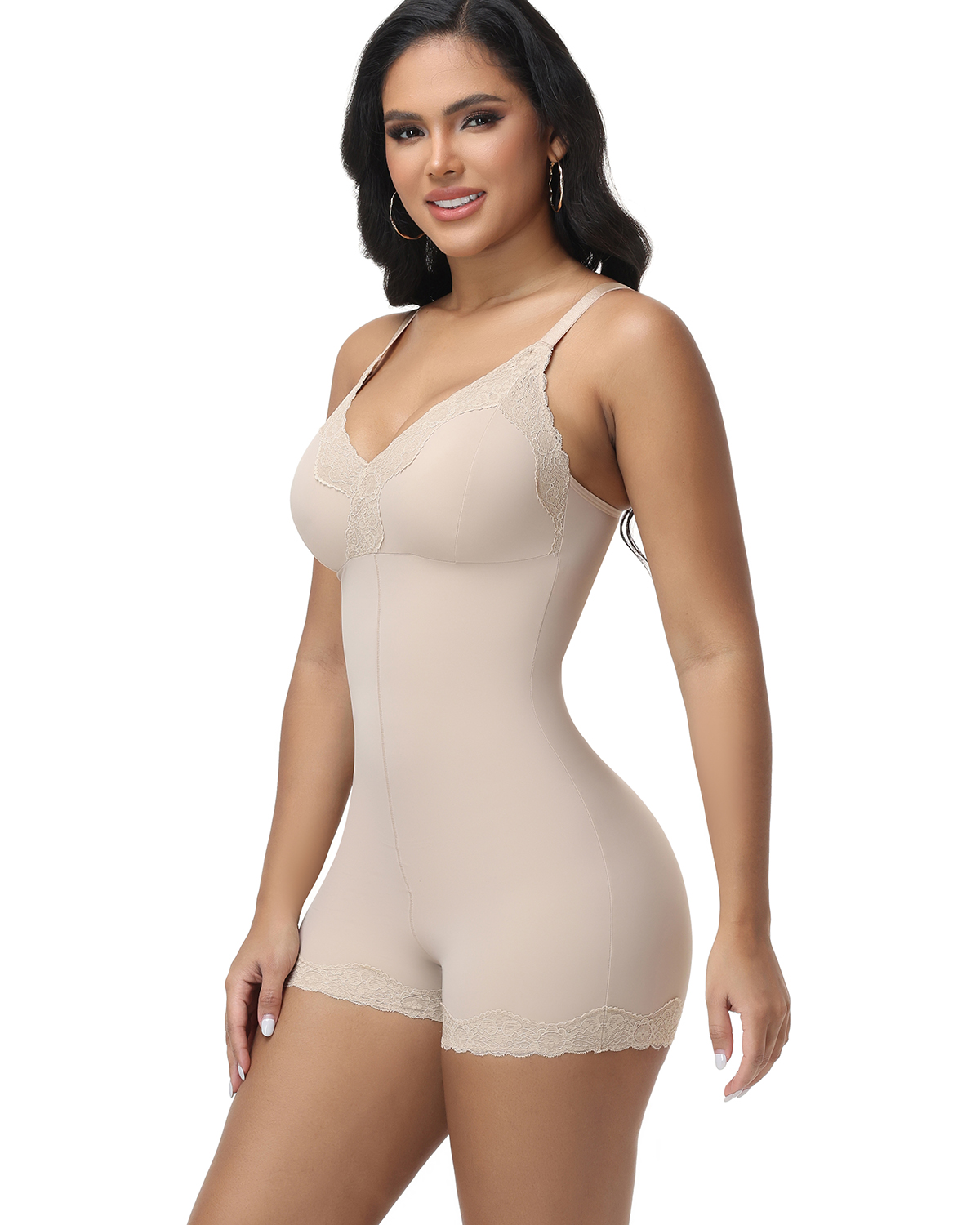 Lace Trim Deep V Mid-Thigh Bodysuit Shaper