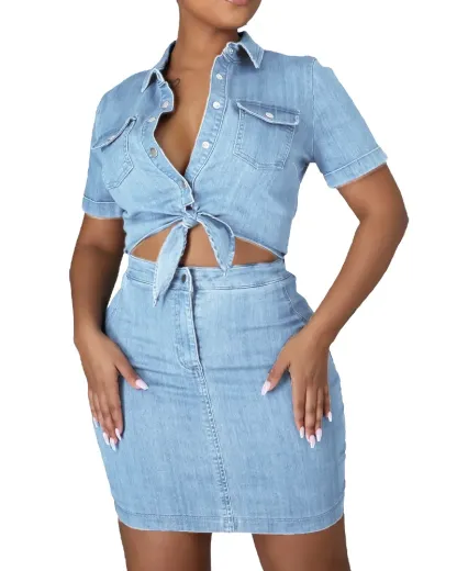 Womens Sexy 2 Pieces Denim Outfits Button Shirt Package Hip Denim Dress Set