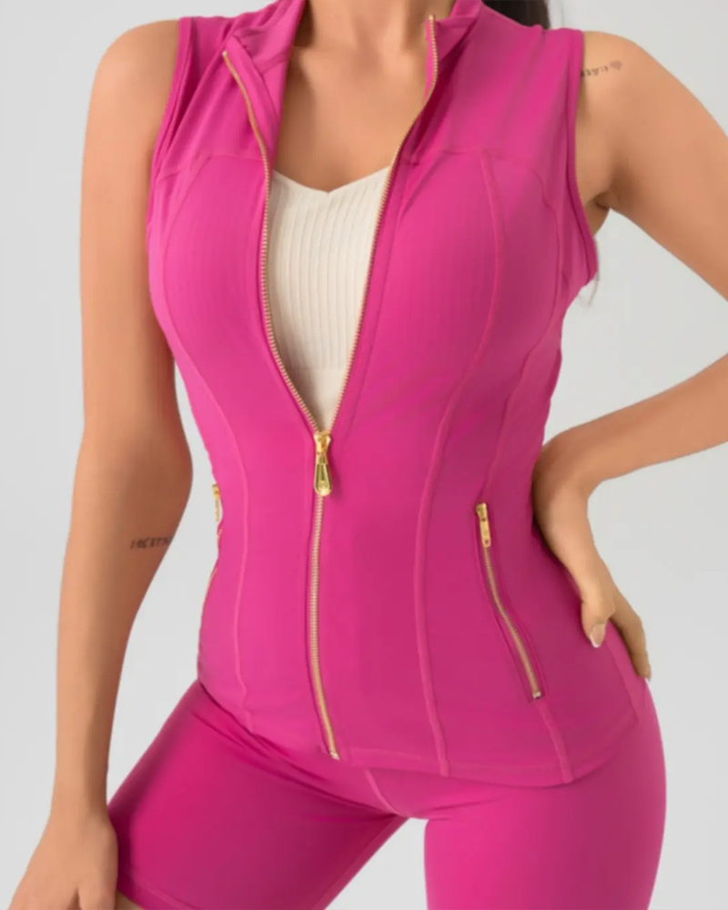 Gold Zipper Vest And Shorts Yoga Set
