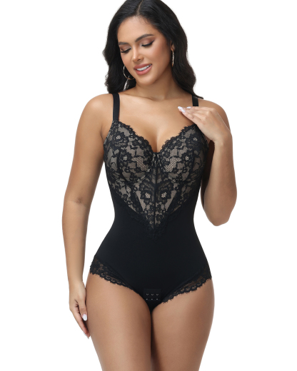 Front & Back Deep V Lace Trim Shapewear Bodysuit