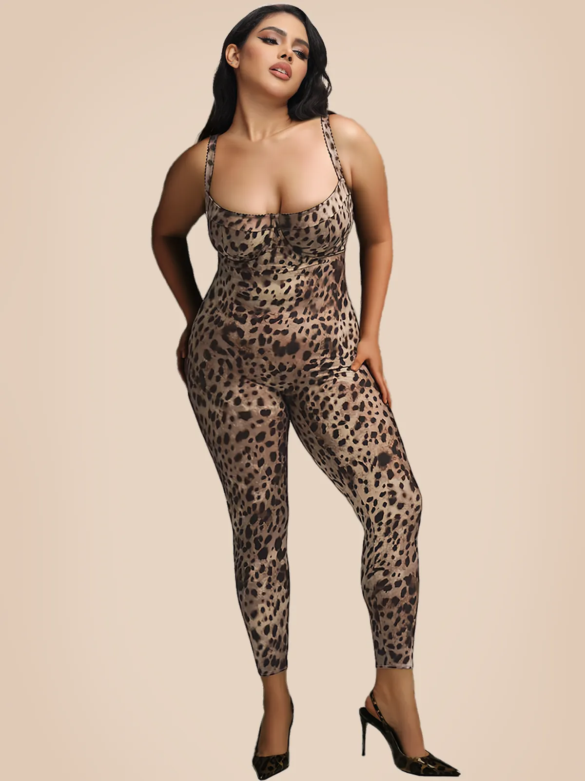 Bodycon Stretch Leopard Print Jumpsuit With Bra