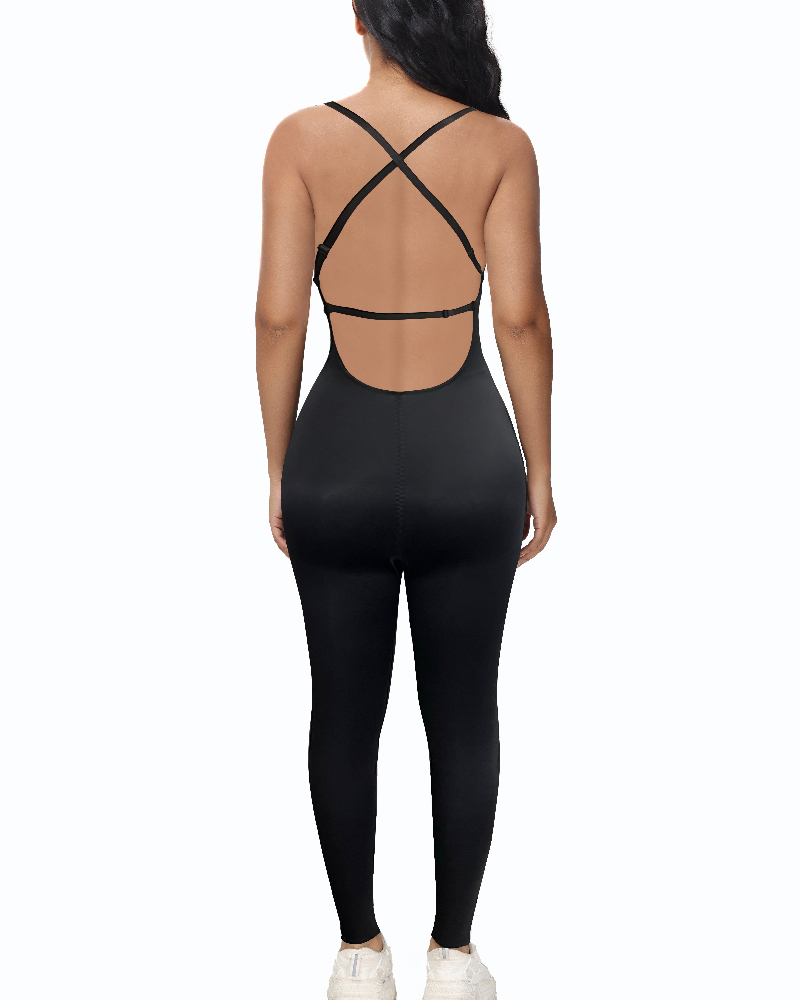 Sleeveless U Plunge Solid Jumpsuit Tummy Control Shapewear With Built In Bra