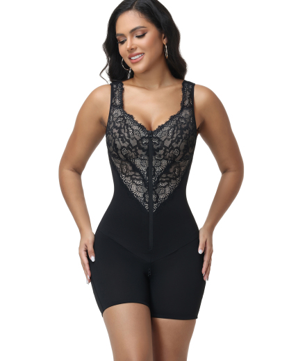 Lace Deep V Zipper Closure Tummy Control Body Shaper
