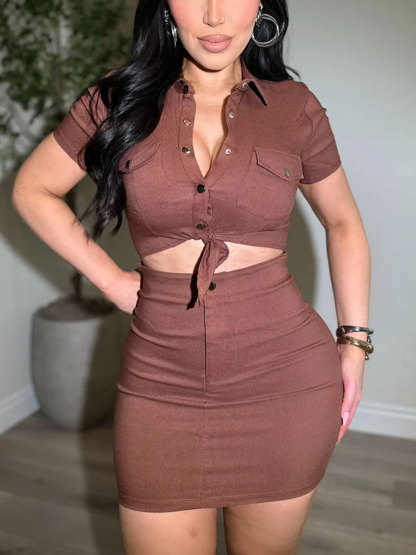 Womens Sexy 2 Pieces Denim Outfits Button Shirt Package Hip Denim Dress Set