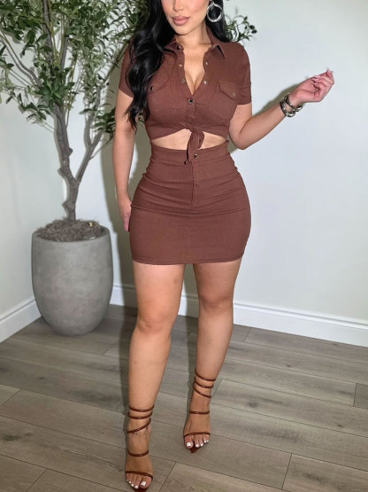 Womens Sexy 2 Pieces Denim Outfits Button Shirt Package Hip Denim Dress Set