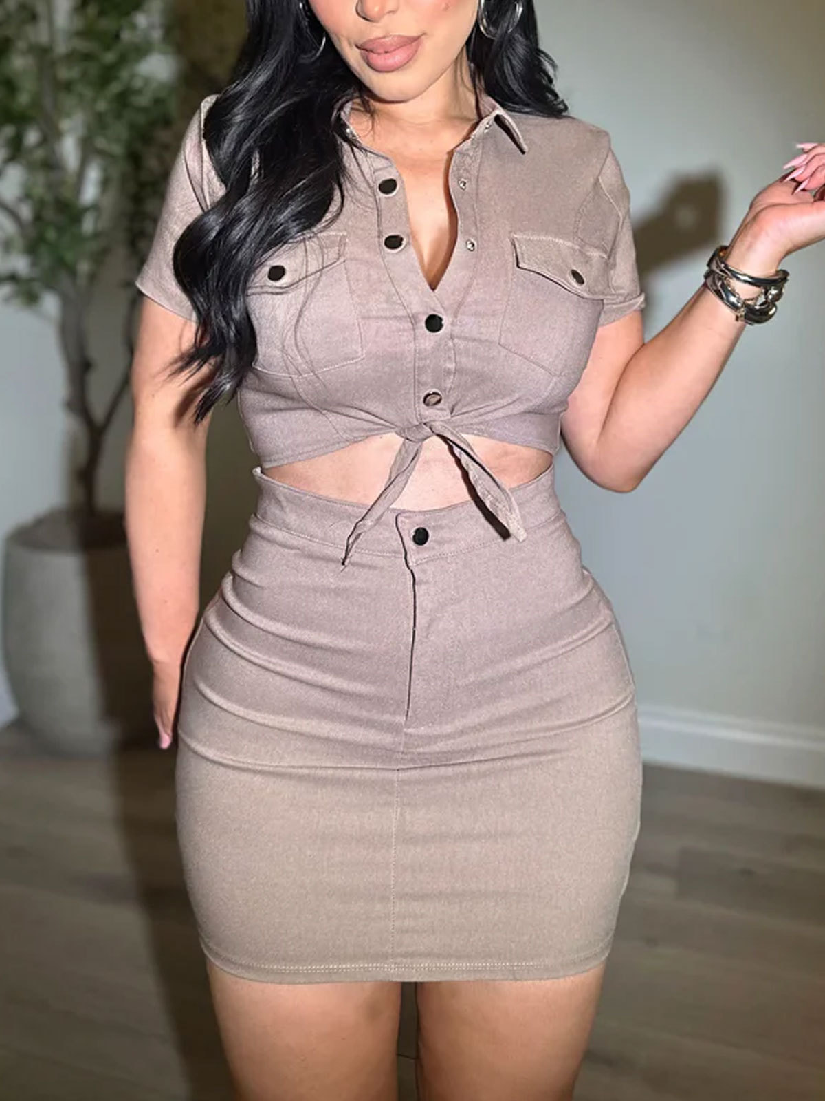 Womens Sexy 2 Pieces Denim Outfits Button Shirt Package Hip Denim Dress Set