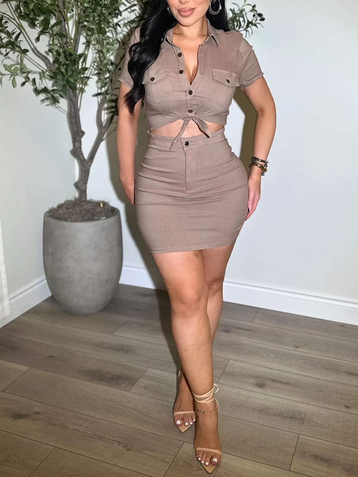 Womens Sexy 2 Pieces Denim Outfits Button Shirt Package Hip Denim Dress Set