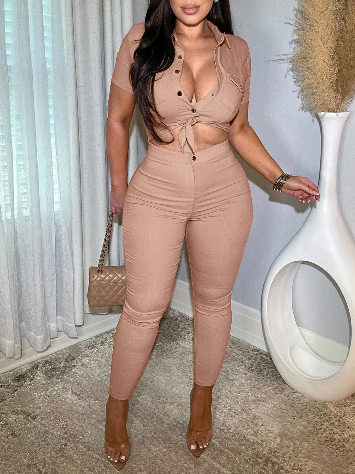 Women Lapel Hollow Out Skinny One Piece Jeans Romper Denim Jumpsuit