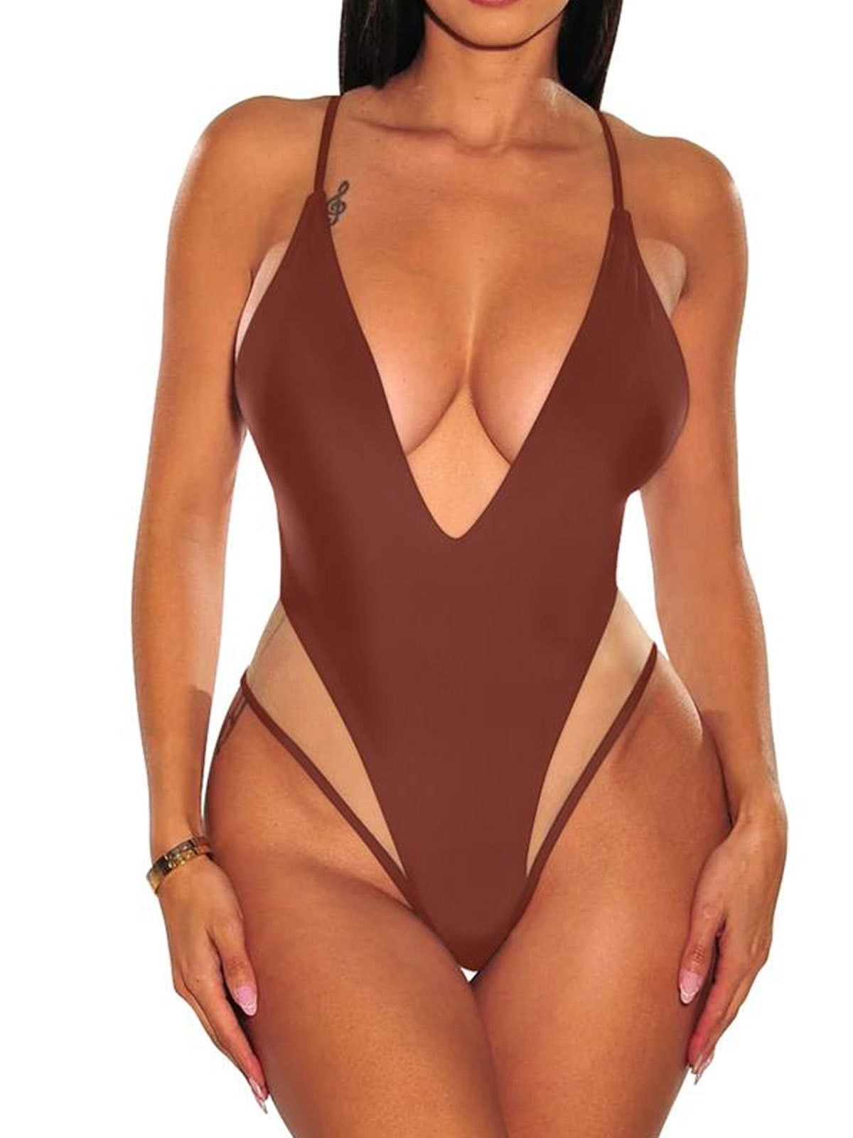 Black Mesh Nude Illusion Spaghetti Strap Deep V Neck Swimsuit