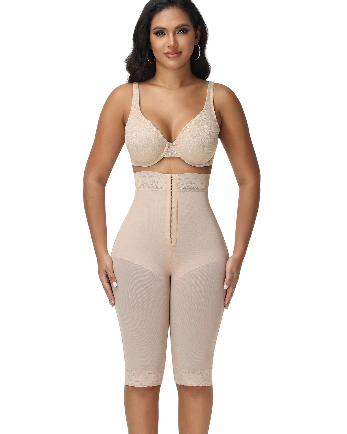 High Waisted Lace Trim Tummy Control Thigh Slimmer