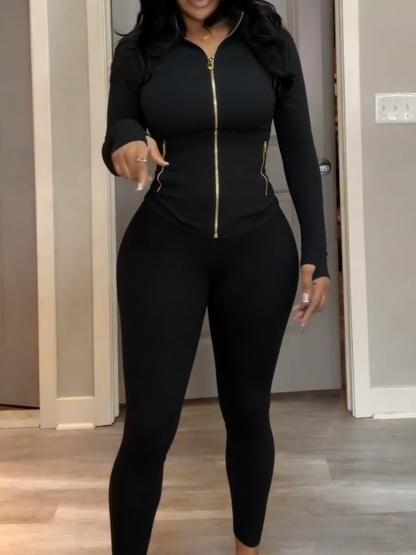 Body Shaping Yoga Set Gold Zip Up Jacket With Pockets