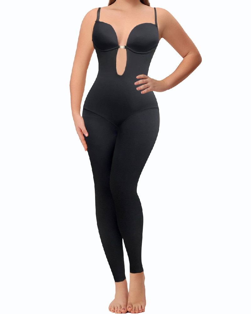 Sleeveless U Plunge Solid Jumpsuit Tummy Control Shapewear With Built In Bra