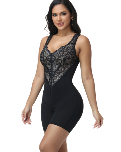Lace Deep V Zipper Closure Tummy Control Body Shaper