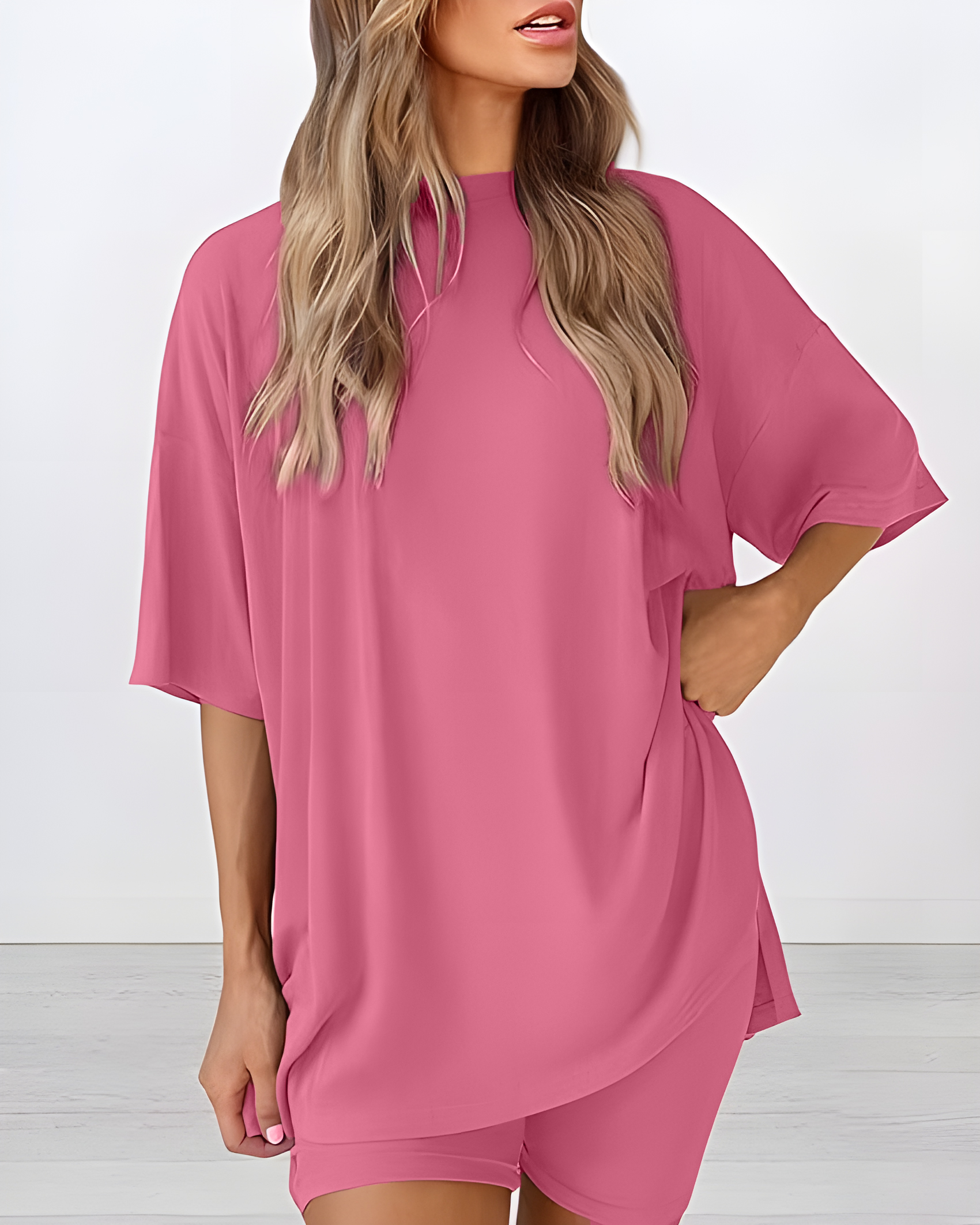 Women's Summer Casual Two-Piece Lounge Set Oversized Split Hem Shirt