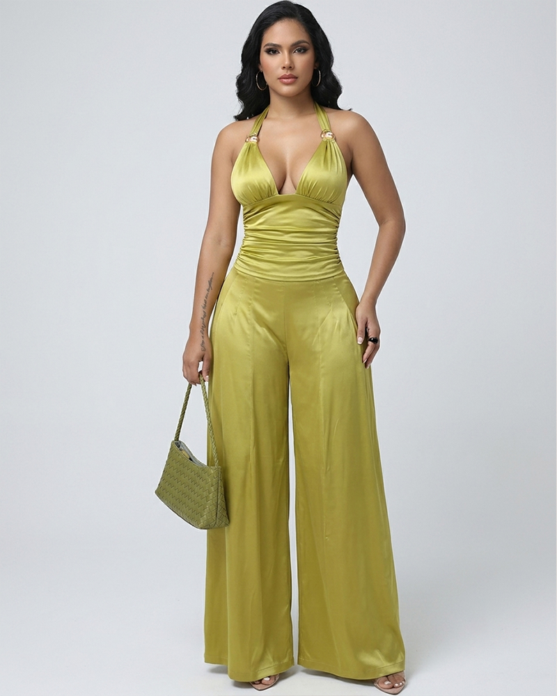 Satin Cropped Tank Top And Wide Leg Pants Two Piece Set