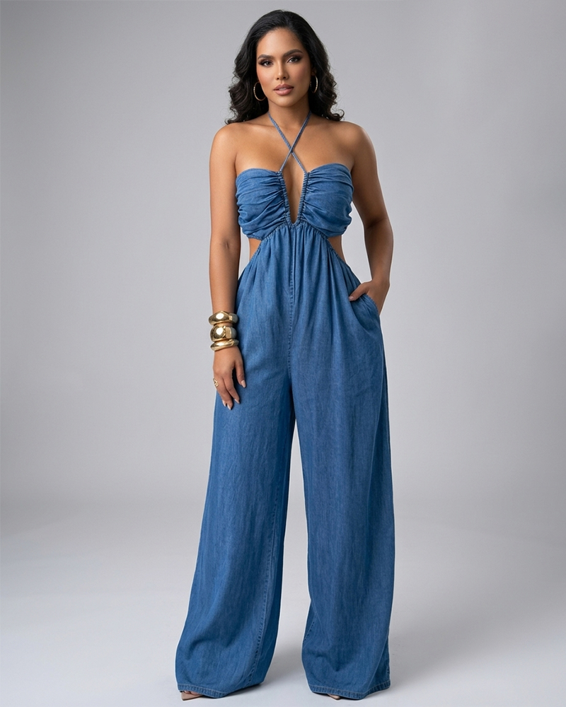 Denim Backless Deep V-Neck Cutout Pleated Wide-Leg Jumpsuit