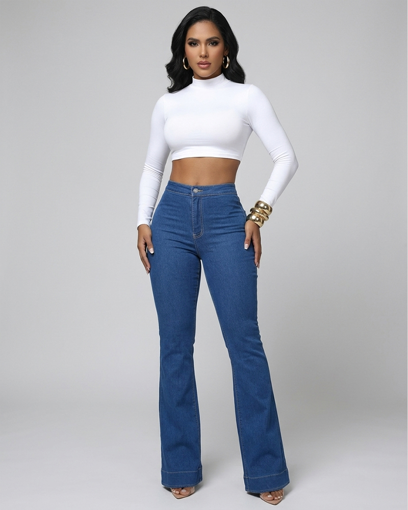Washed High Waisted Stretch Flared Jeans