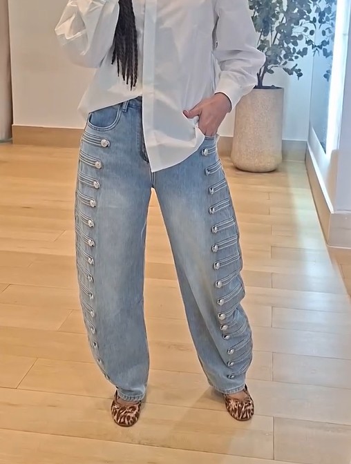 High Waisted Wide Leg Jeans With Side Button Ties