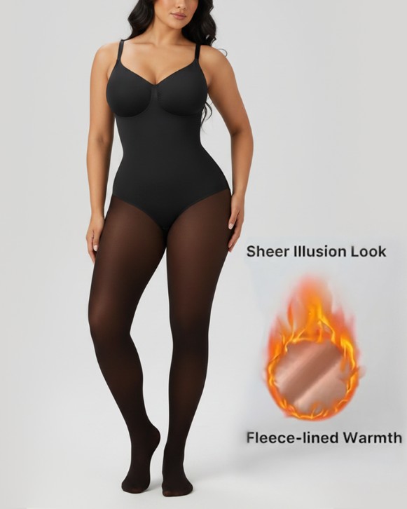 Seamless Full Body Shaper with Fleece Lined Fake Translucent Tights