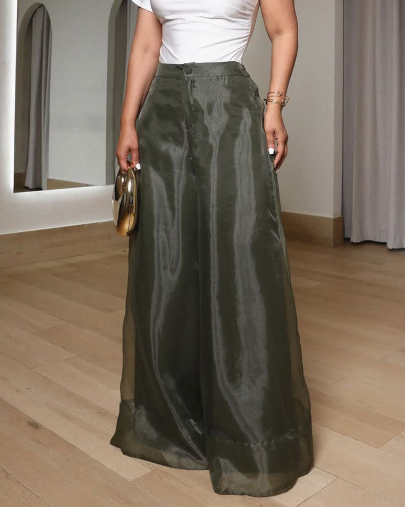 High-Waisted Sheer Layered Organza Wide-Leg Trousers