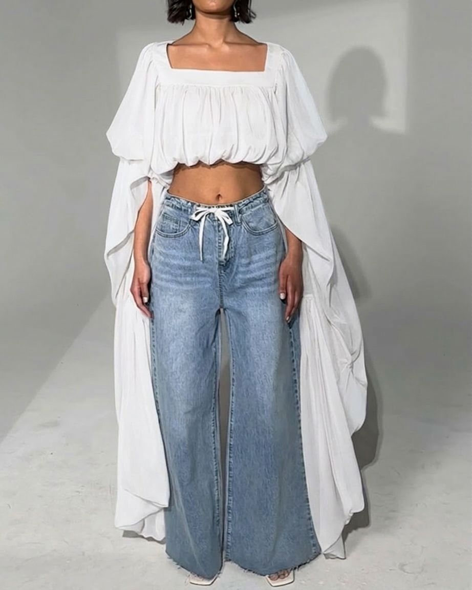 Square Neck Chiffon Ruffled Puff Sleeve Bubble Crop Top