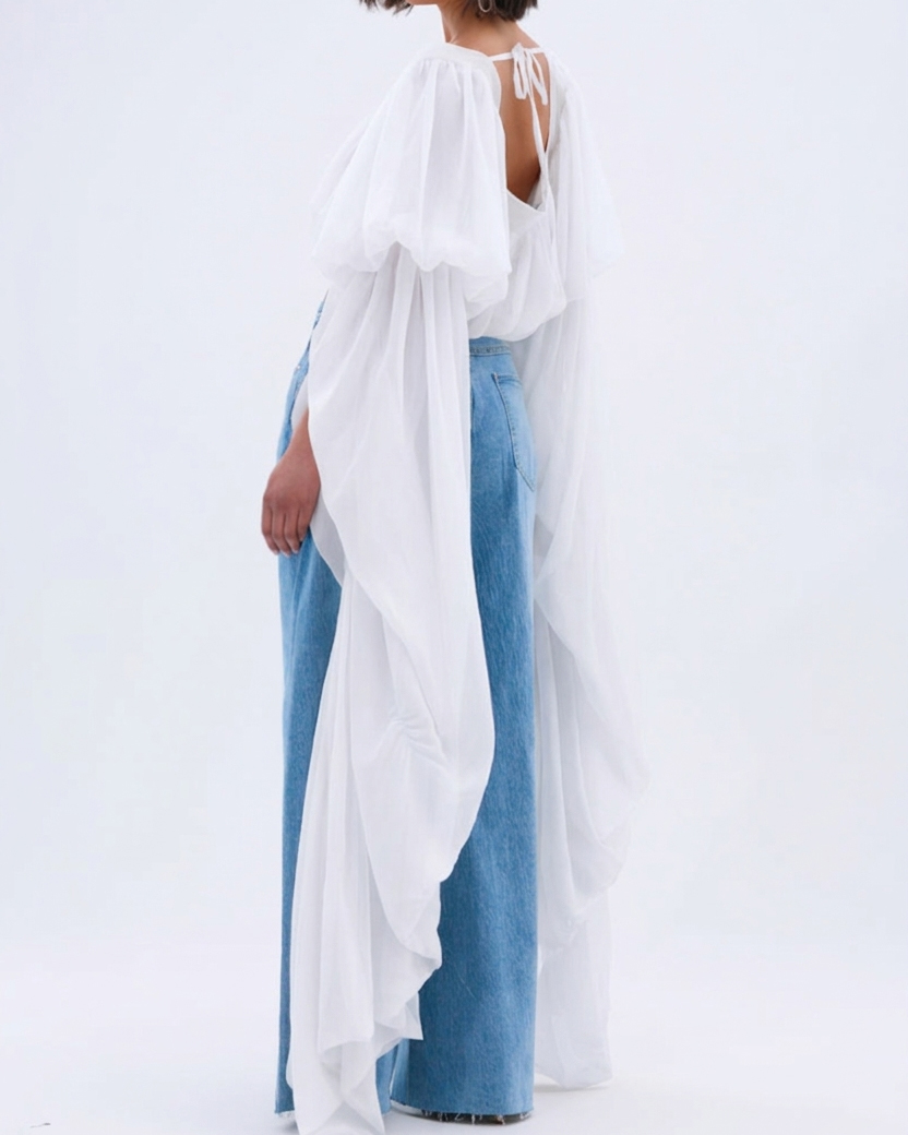 Square Neck Chiffon Ruffled Puff Sleeve Bubble Crop Top