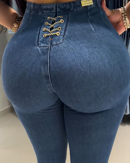 Chained High-Waist Elastic Jeans (Pre-Sale)