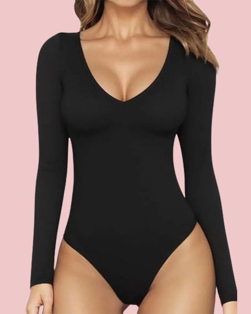 V-Neck Long Sleeve Form-Fitting Basic Bodysuit