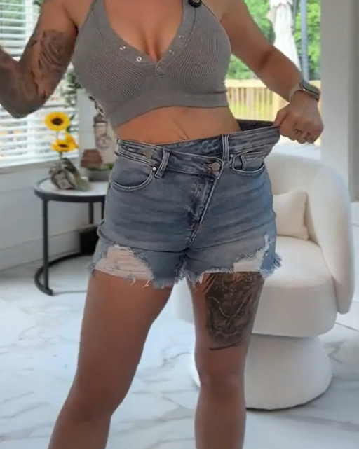 Diagonal Button Design Raw Edge Ripped Cool Style Denim Shorts Hot Pants