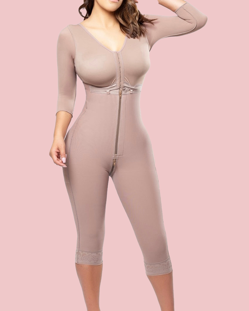 Full Body High Compression Tummy Control Mid-leg Faja With Sleeves