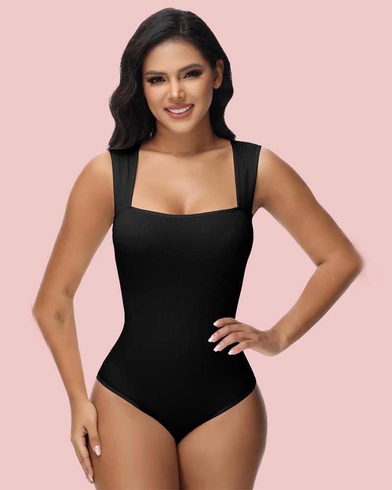 Women's Sexy Ribbed Strappy Square Neck Sleeveless Tummy Control Tank Tops Bodysuits