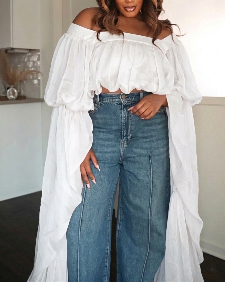 Square Neck Chiffon Ruffled Puff Sleeve Bubble Crop Top