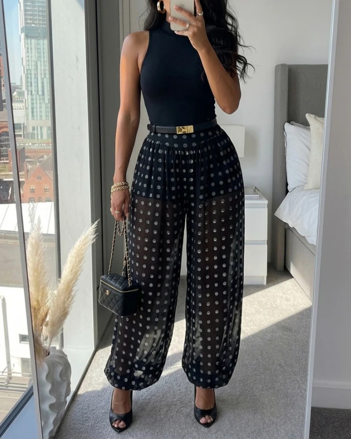 Polka Dot Sheer Mesh High Waisted Harem Pants