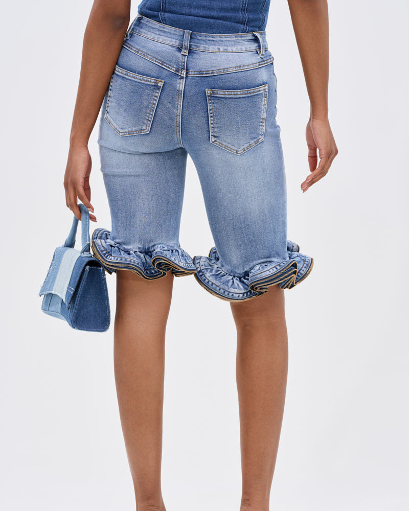Wave Ruffle Hem Slim Denim Shorts