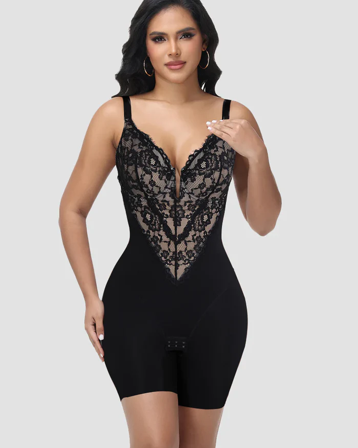 Women's Elegance Lace Bodysuit Deep V Neck Mid-Thigh Shapewear with Hooks