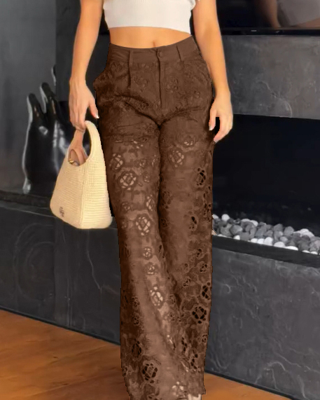 Women's Sexy See Through Lace Slim Straight Leg Pants