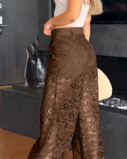 Women's Sexy See Through Lace Slim Straight Leg Pants