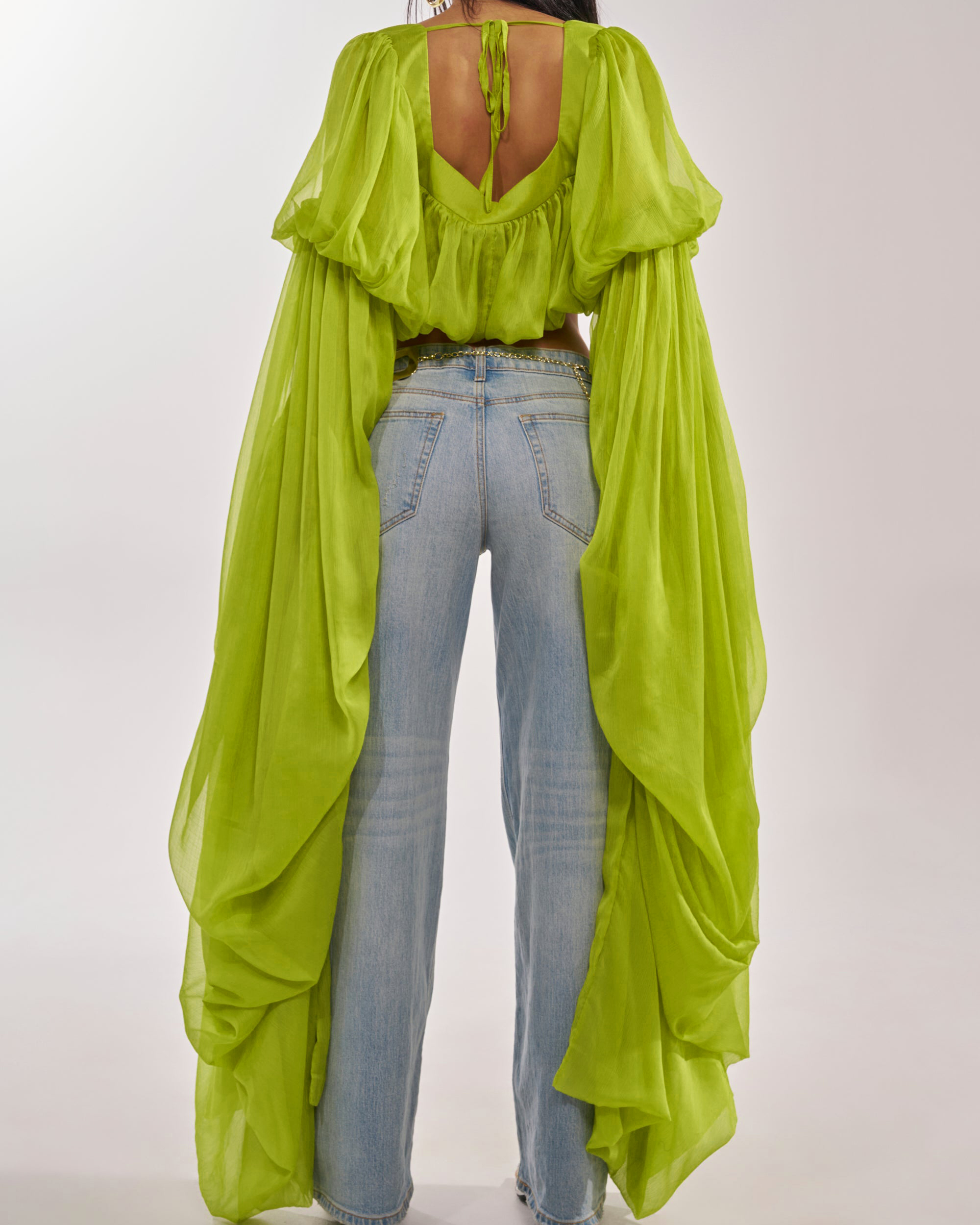 Square Neck Chiffon Ruffled Puff Sleeve Bubble Crop Top