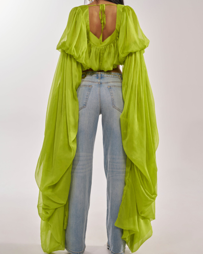 Square Neck Chiffon Ruffled Puff Sleeve Bubble Crop Top