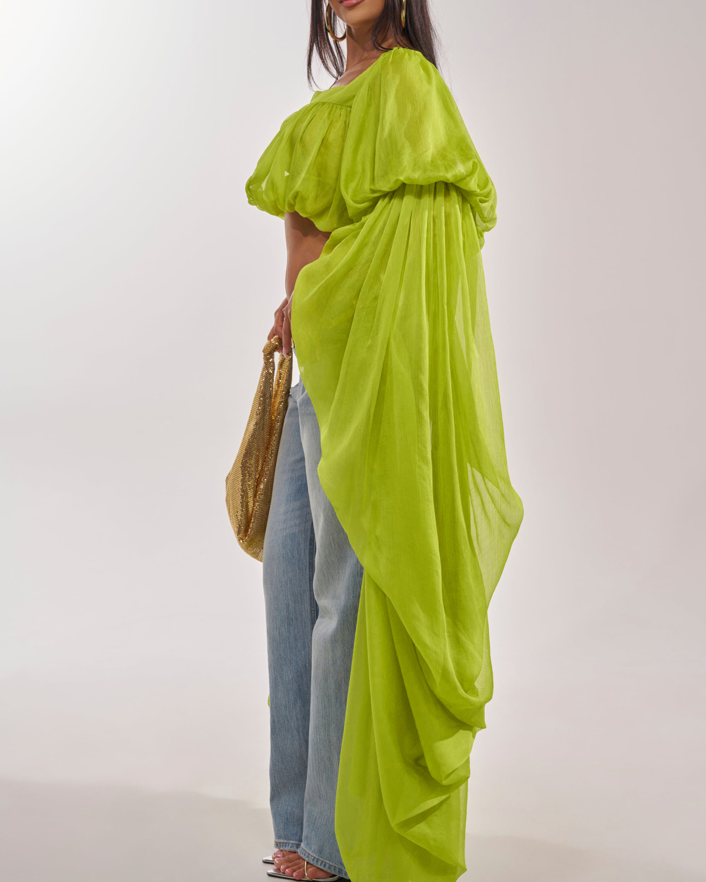 Square Neck Chiffon Ruffled Puff Sleeve Bubble Crop Top