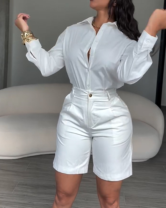 2 Piece Sets For Women Elegant Button-Down Shirt Paired with Tailored Bermuda Shorts