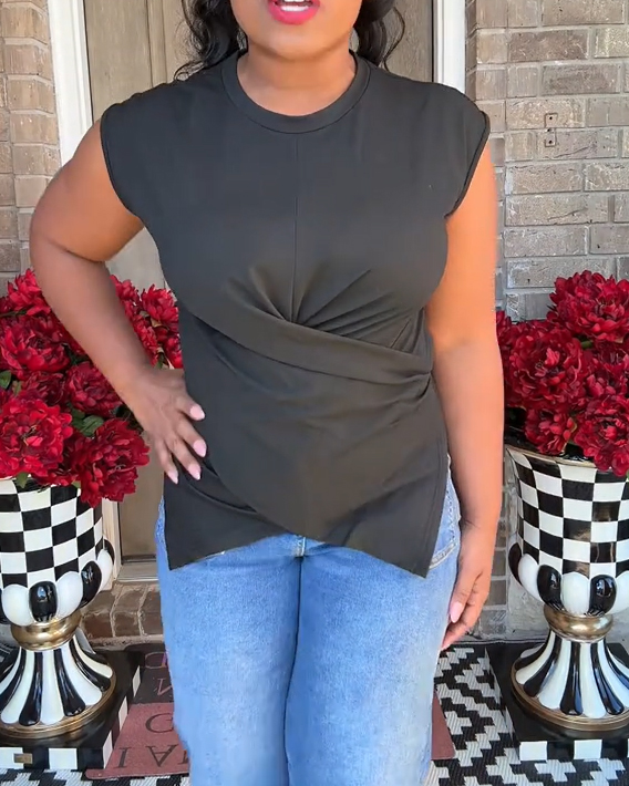 Casual Asymmetrical Criss Cross Back Tie Top For Women's Knitted Round Neck Drop Shoulder Sleeve T-Shirt