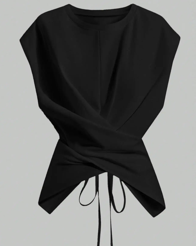 Casual Asymmetrical Criss Cross Back Tie Top For Women's Knitted Round Neck Drop Shoulder Sleeve T-Shirt